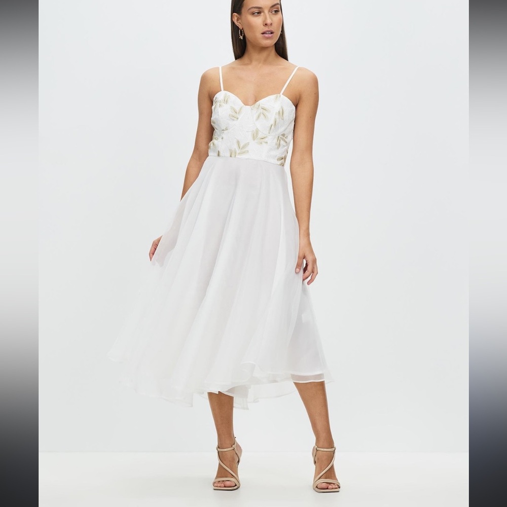 Romance Was Born White and Gold Midi Dress